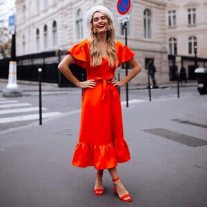 The Drop "NEW" Cherry Tomato Flutter Sleeve Tie Waist Pull On Midi Dress Size M